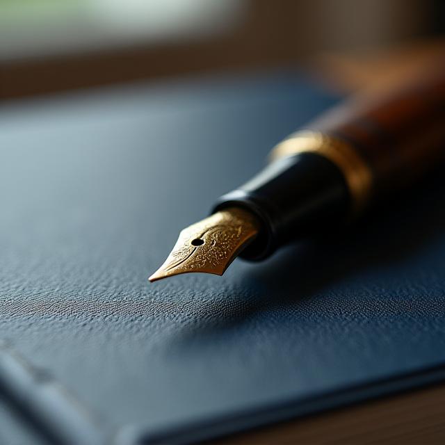 Close-up of a high-end fountain pen resting on a leather-bound financial ledger, representing bespoke craftsmanship in financial planning.